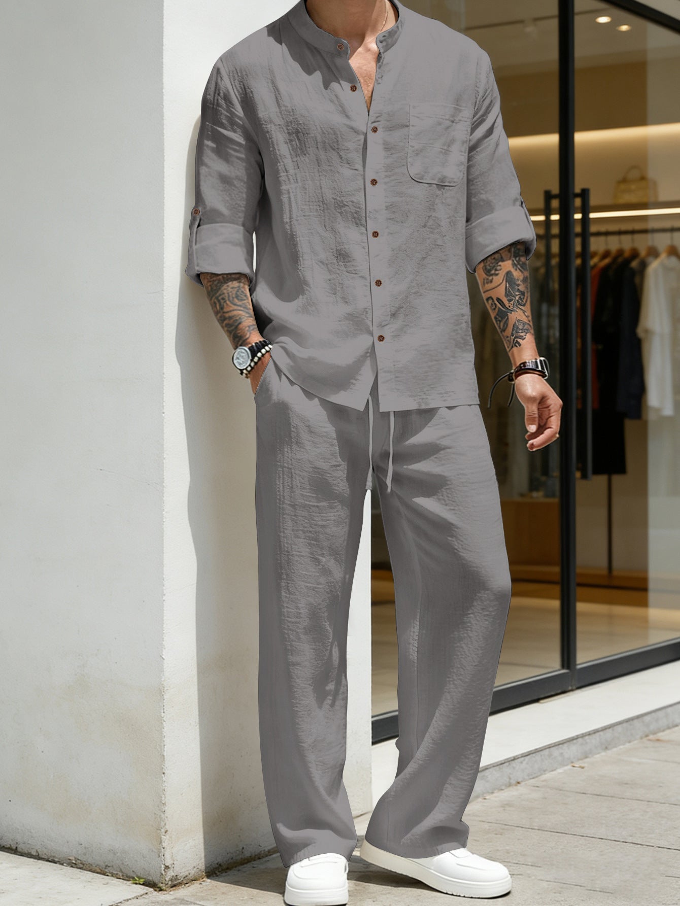 Mens Solid-Color Linen Long-Sleeve Shirt And Pants Two-Piece Set