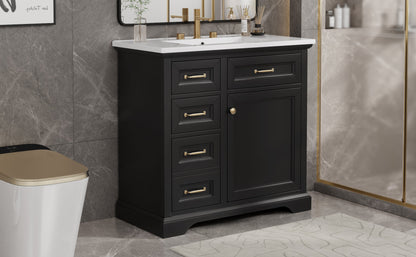 36-Inch Bathroom Vanity with Ceramic Sink Top, 4 Drawers and 1 Soft-Close Door