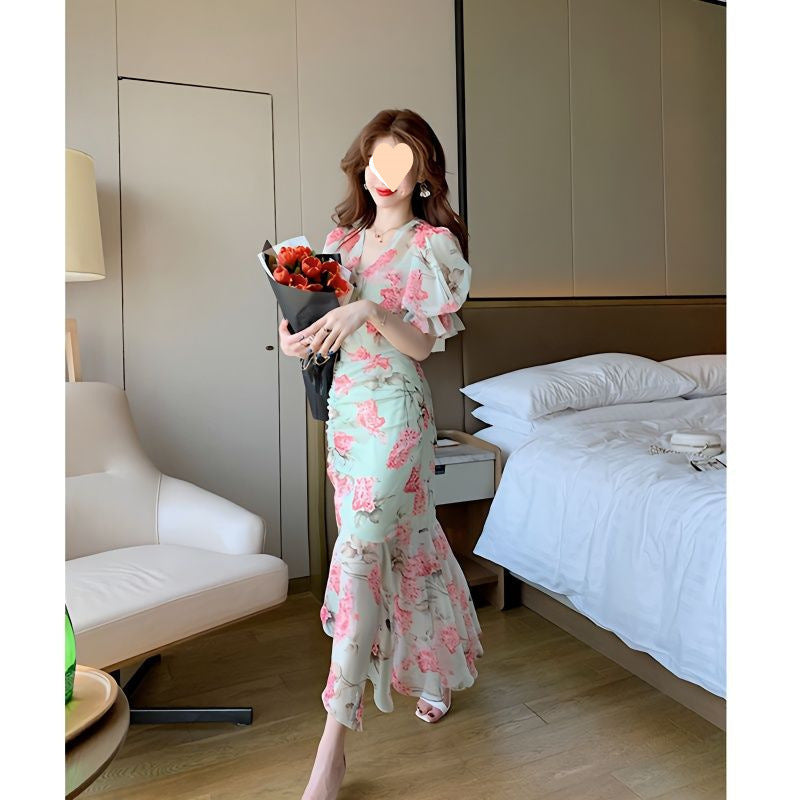 Stylish, Sophisticated, High-end Asymmetrical Chiffon Floral Dress