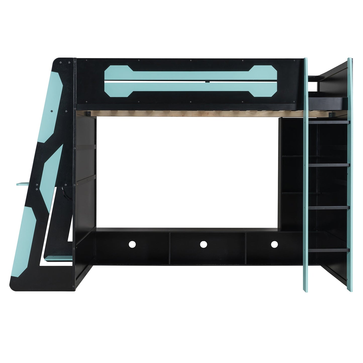 Full Size Wood Loft Bed with Desk, Multi-storage Shelves and RGB Light, Cloud