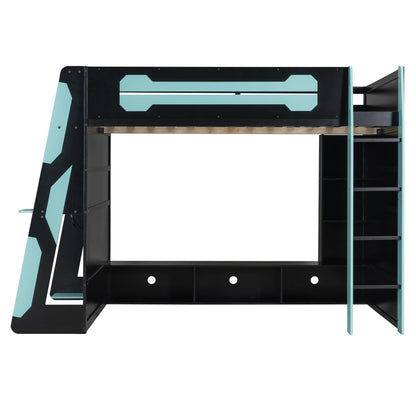 Full Size Wood Loft Bed with Desk, Multi-storage Shelves and RGB Light, Cloud