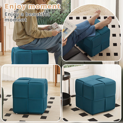 Square Corduroy Ottoman Foot Rest with Soft Comfort and Sturdy Design in Blue,