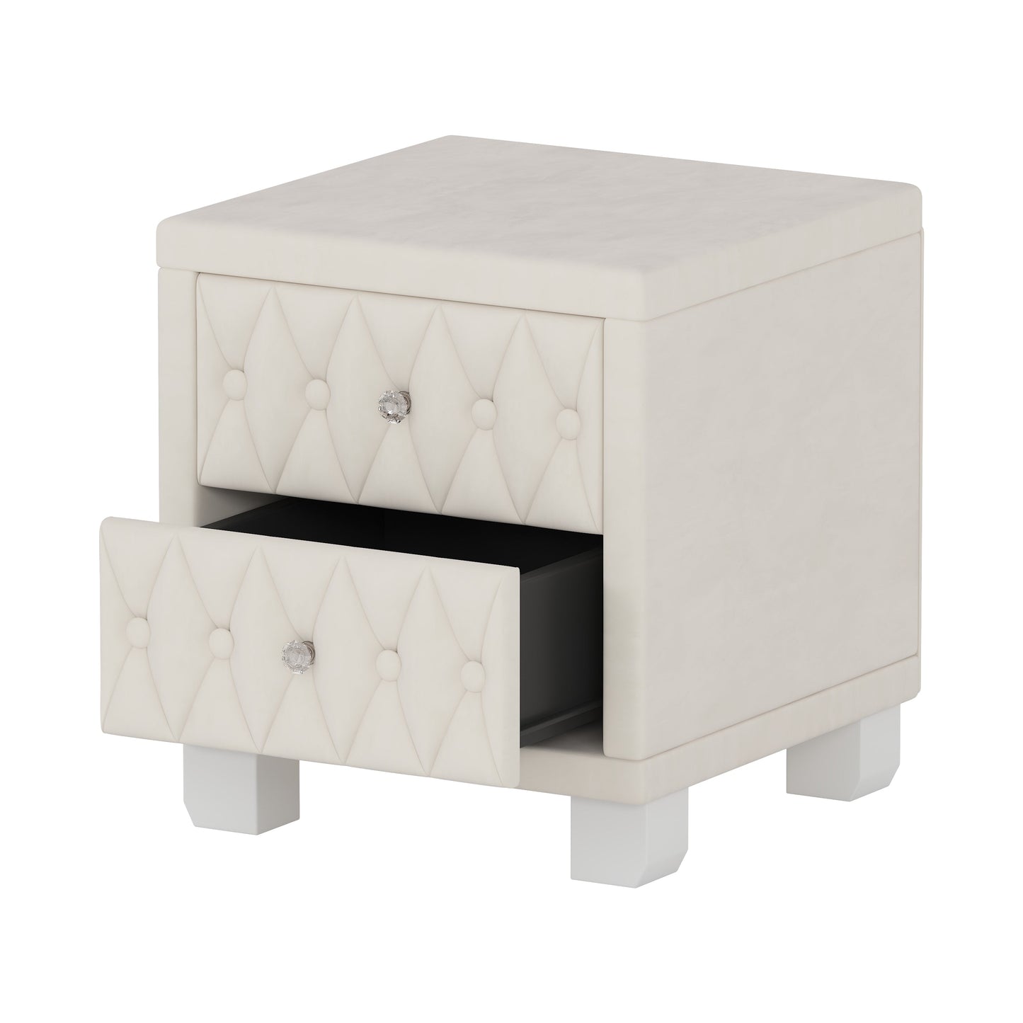 Velvet Nightstand with 2 Drawers, Crystal Handle, Button-Tufted, Beige