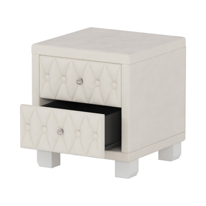 Velvet Nightstand with 2 Drawers, Crystal Handle, Button-Tufted, Beige