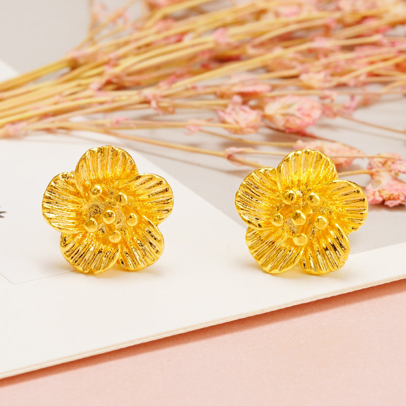 Versatile Sandblasted Gold Flower Elegant Womens Earrings