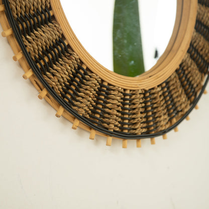 Wall Mirror Round Bamboo Hemp Rope Frame Natural Boho 23 In