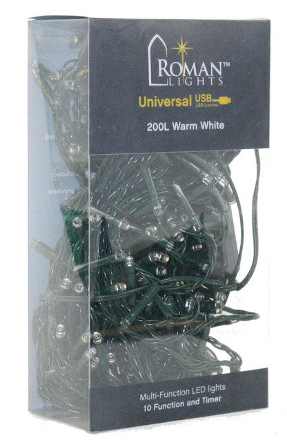 USB powered 200 LED (52 foot) Green Wire Multifunction Lights with Timer - Warm White