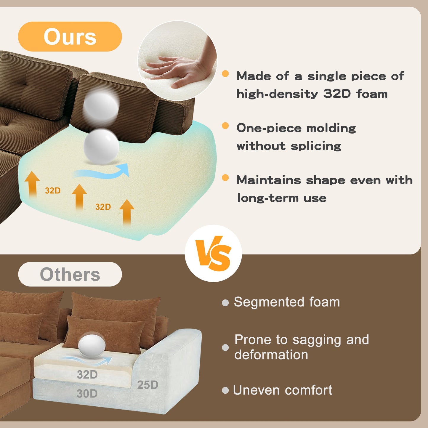 Sectional loveseat L-Shape Corduroy Brown 2 Seat Modular with Ottoman 82 In