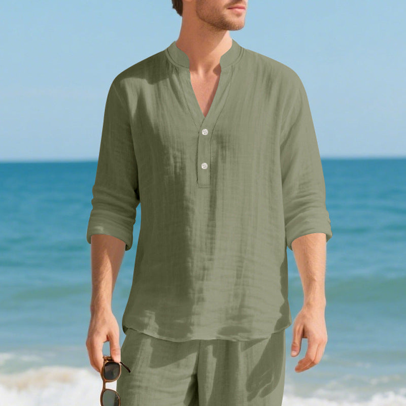 Autumn Linen Men's Long-Sleeve T-Shirt With Stand Collar And Buttons