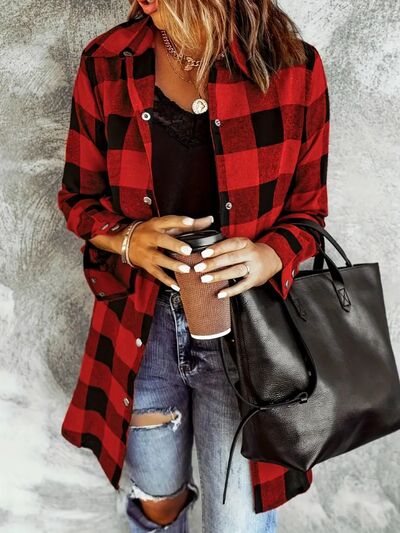 Deep Red Plaid Collared Neck Snap-Down Long Sleeve Jacket – Classic & Trendy Outerwear with Pockets
