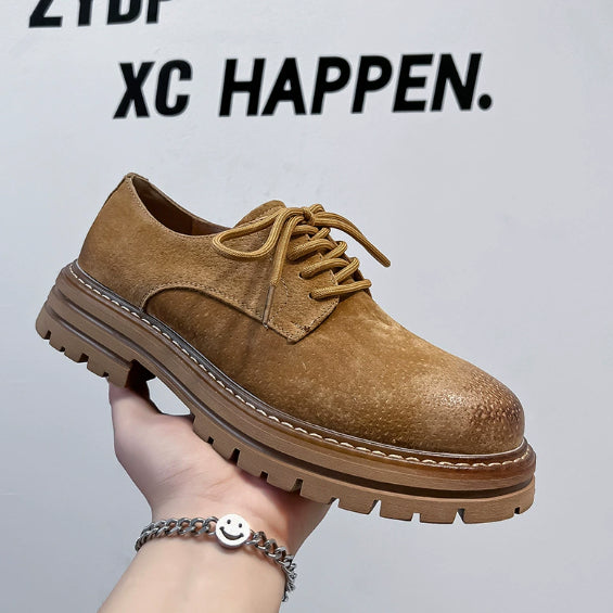 Youthful Round-toe Mens British-style Casual Pigskin Mid-heel Wide-toe Work Shoes