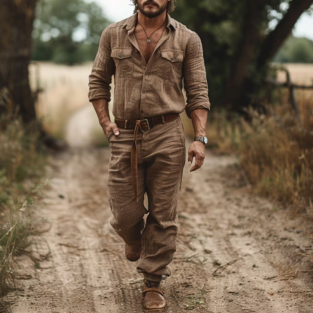 Mens Retro Outdoor One-Piece Trousers With Lapel Collar And Long Sleeves