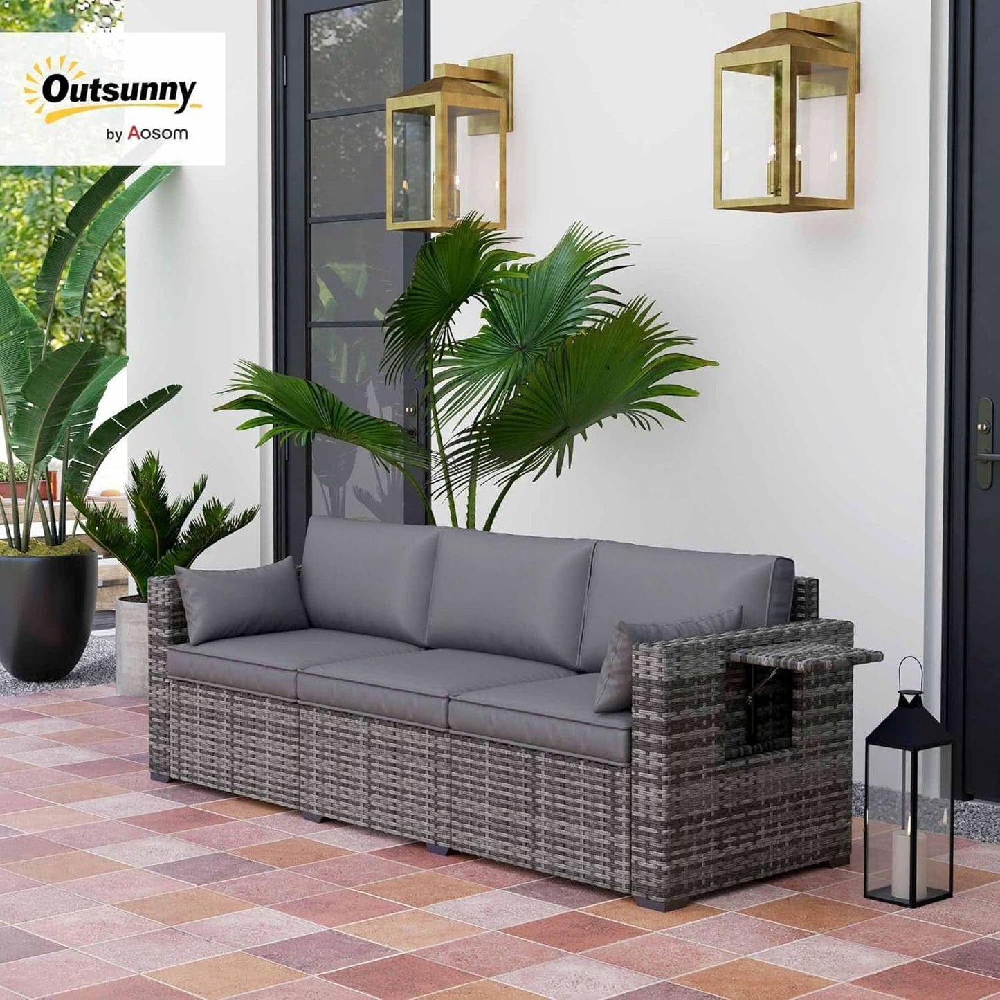 Three Seater Wicker Sofa with Side Tray Tables