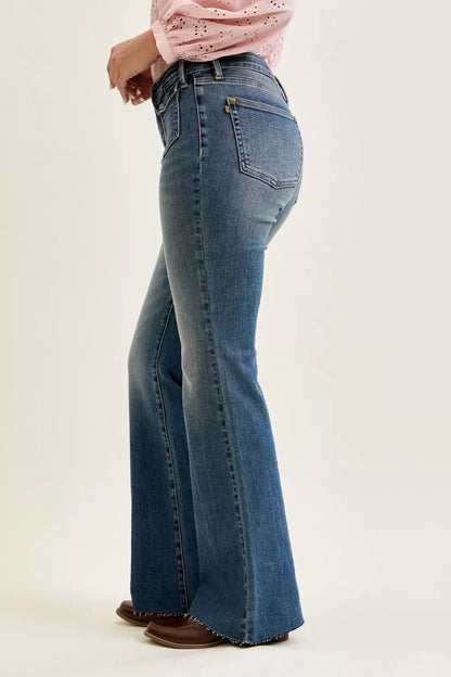 Judy Blue Mid Rise Flare Jeans with Front Flap Pockets