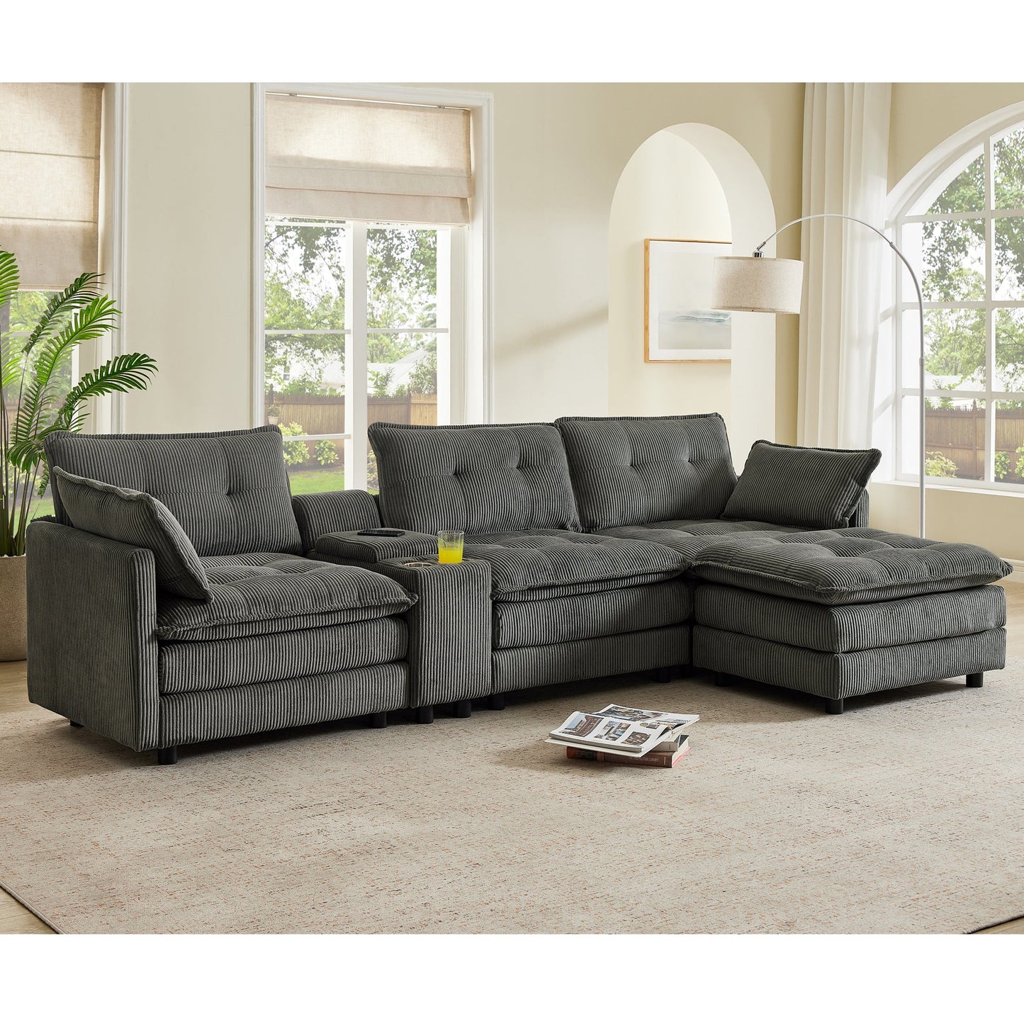 Sectional Sofa L-Shape Corduroy Gray 4 Seat USB Ports Ottoman 119 In