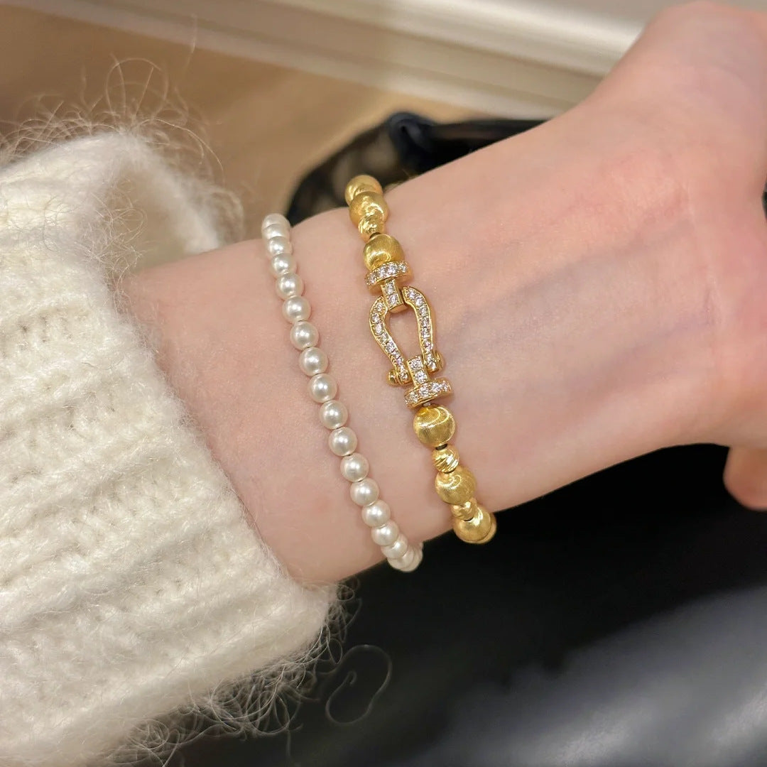 Silver Tone Brushed Bead Horseshoe U Clasp Bracelet Clear Simulated Zirconia Spring Buckle Unisex Daily Hand Ornaments