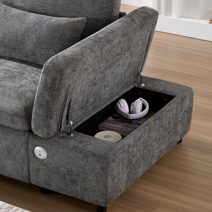 Sofa Bed L-Shape Chenille Gray 6 Seat Pull-Out USB Ports 107 In