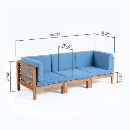 Outdoor Sectional Sofa Set Acacia Wood Blue Cushions 3 Piece