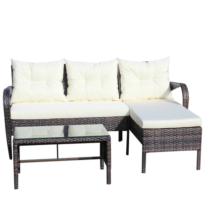 Outdoor Sectional Set PE Rattan Steel Brown Beige Cushion 3 Piece 560 LB