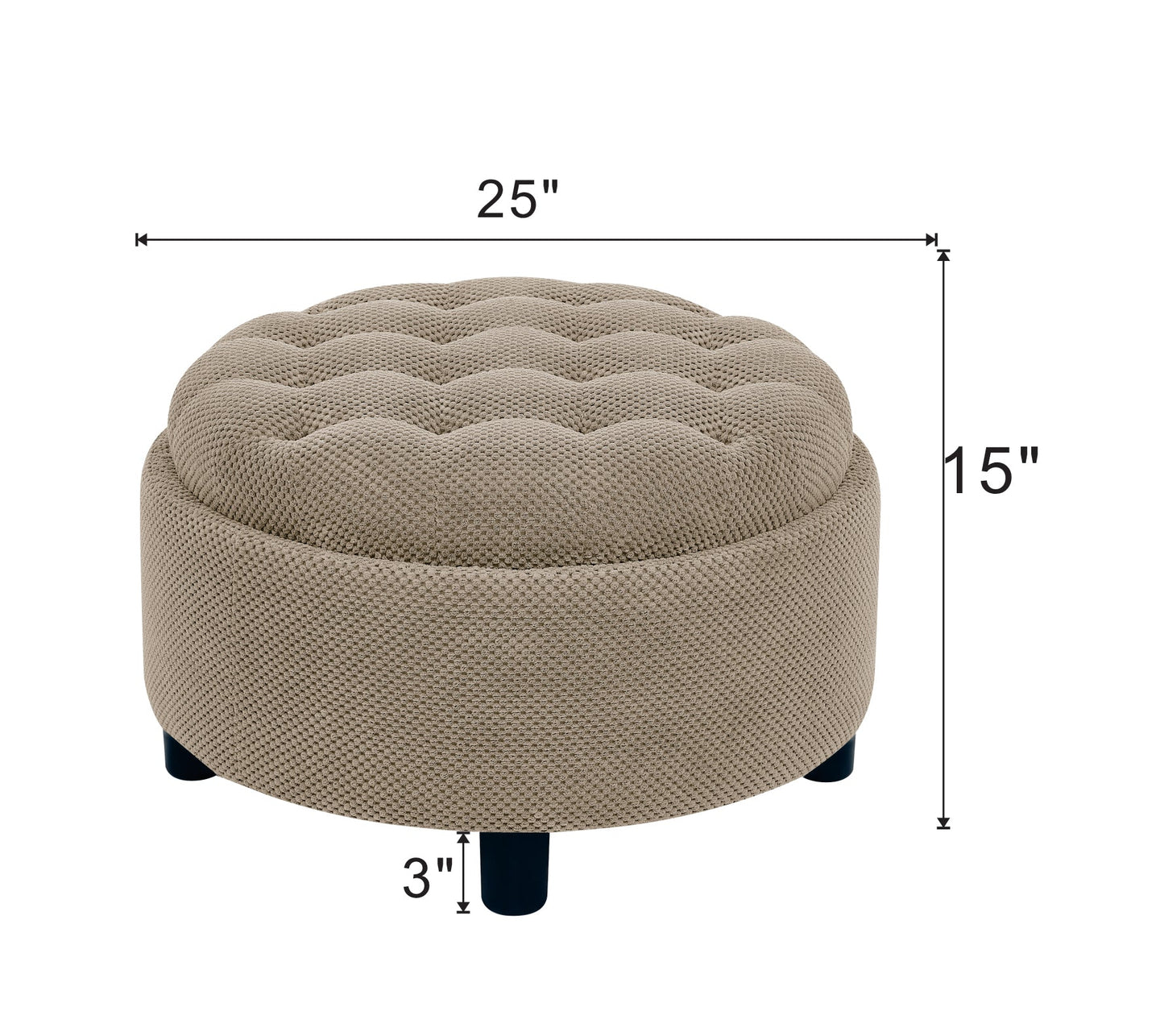 25 Inch Round Storage Ottoman with Wooden Top Side Table, Camel Fabric