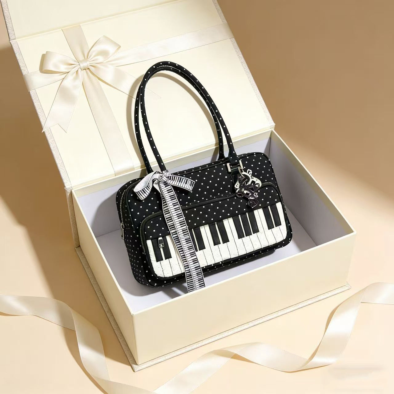 Lightweight Abeibi Polka-Dot Black And White Piano Key Shoulder Bag