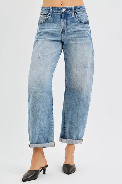 RISEN Full Size Slouchy Ankle Length Barrel Jeans with Cuffs Plus Size
