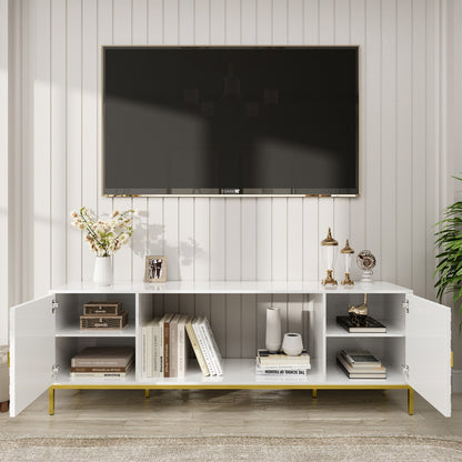 TV Stand Fireplace Space MDF White Honeycomb Door Gold Legs 80 LB 70 In