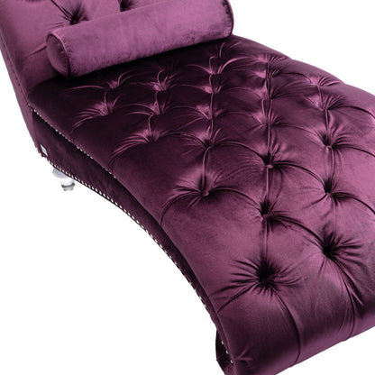 Velvet Chaise Lounge Indoor, Button-Tufted with Pillow, Purple, Bedroom