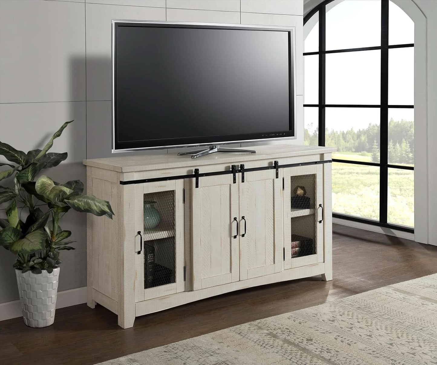 65 Inch Solid Wood TV Stand In Antique White With Storage