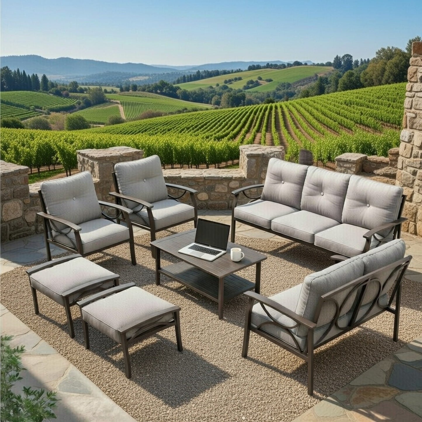 Outdoor Patio Set Steel 7 Piece Seats 9 Khaki Gray