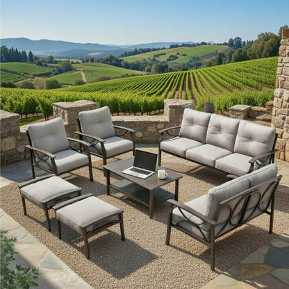 Outdoor Patio Set Steel 7 Piece Seats 9 Khaki Gray