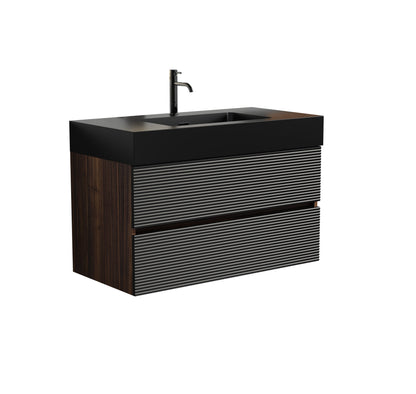 36' Walnut Bathroom Vanity with Matt Black Engineered Quartz Sink Soft Black Drawers