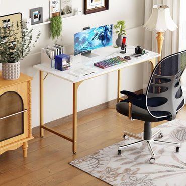 47 Inch Computer Desk Gold Metal Frame Modern Home Office Desk