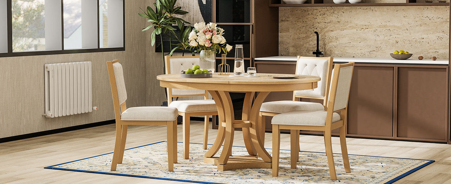 5-Piece Retro Functional Dining Table Set Extendable Round Table and 4