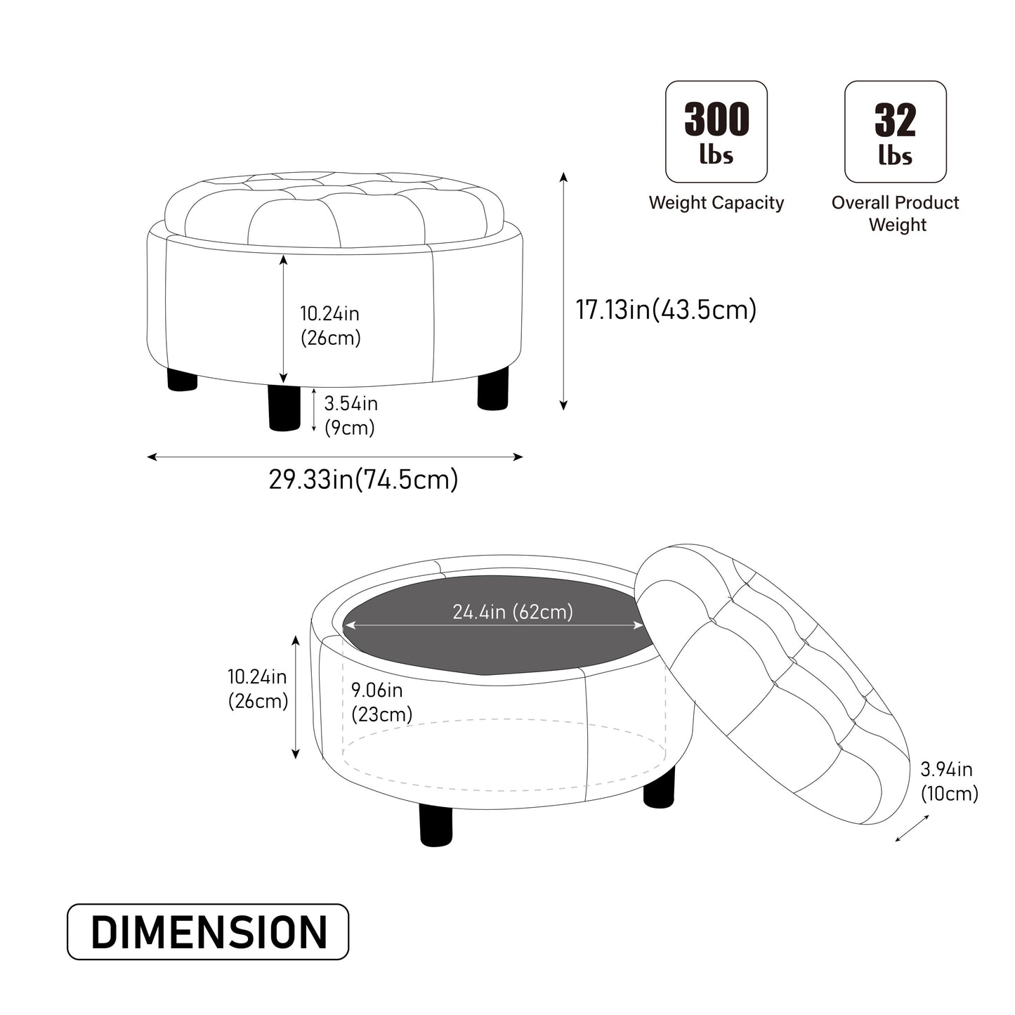 29.33' Round Upholstered Ottoman with Reversible Lid, Fleece Fabric, Gray