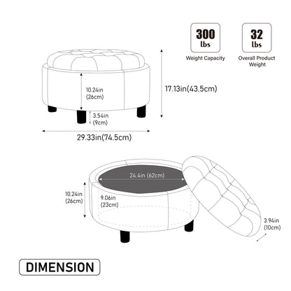 29.33' Round Upholstered Ottoman with Reversible Lid, Fleece Fabric, Gray