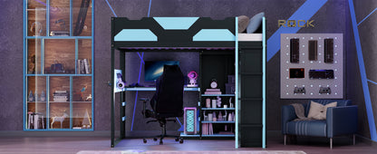 Full Size Wood Loft Bed with Desk, Multi-storage Shelves, USB and RGB Light