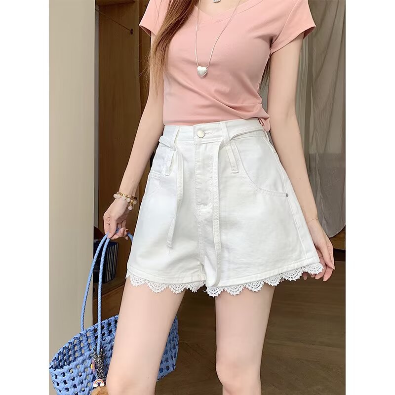 Plus-size Lace-trimmed High-waisted Denim Shorts