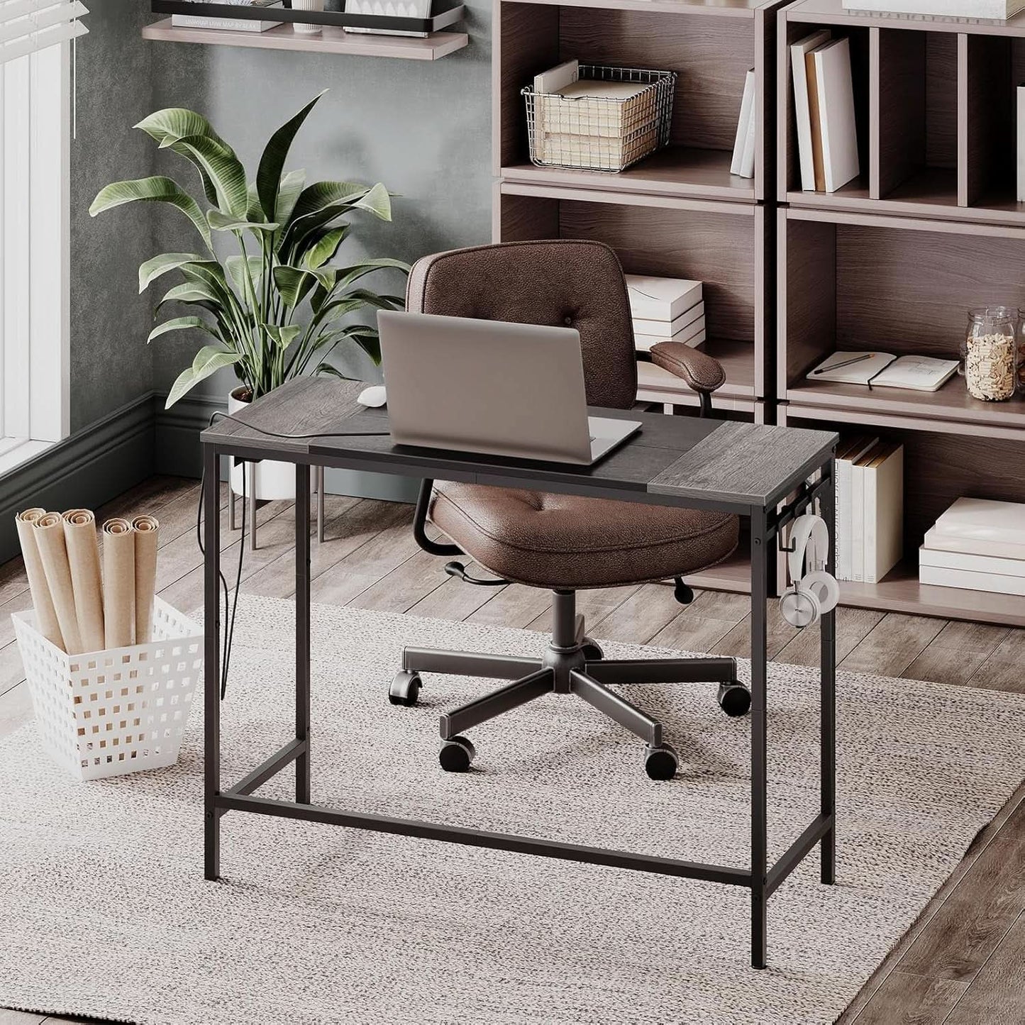Charcoal Gray Computer Desk With Power Outlet And Hooks