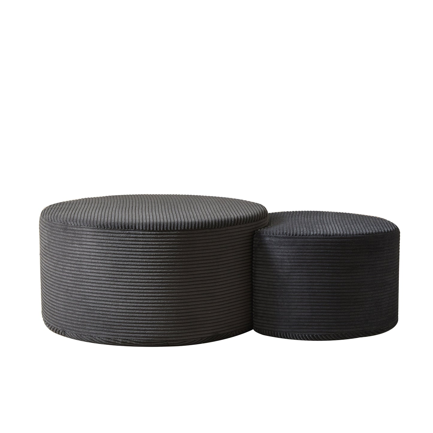 Upholstered Round Coffee Table Set of 2, Black Corduroy Fabric, No Assembly