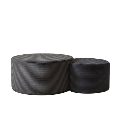 Upholstered Round Coffee Table Set of 2, Black Corduroy Fabric, No Assembly
