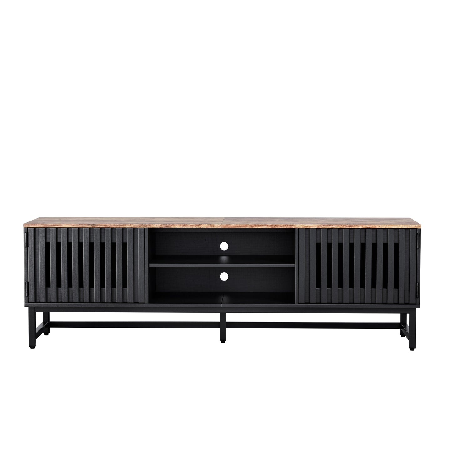 TV Stand Mid-Century Black MDF Slatted Grille Doors 4-Shelf Fits 60 In TV