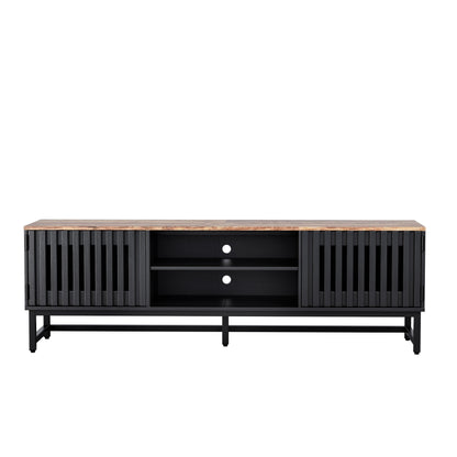 TV Stand Mid-Century Black MDF Slatted Grille Doors 4-Shelf Fits 60 In TV