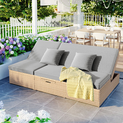 Outdoor Double Sunbed, Wicker Rattan Patio Reclining Chairs with Adjustable