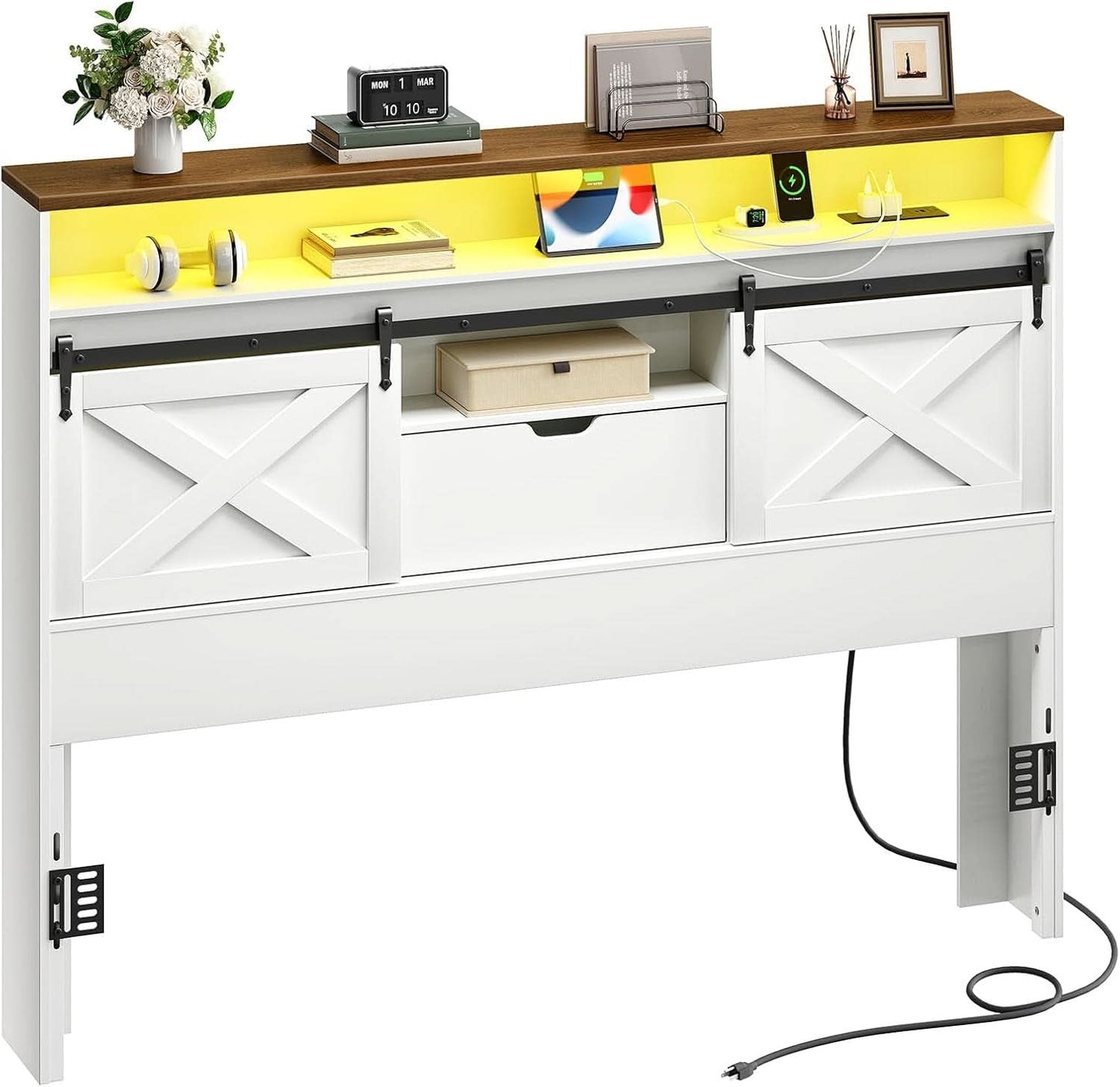 Farmhouse Queen Headboard with Storage and Charging Station