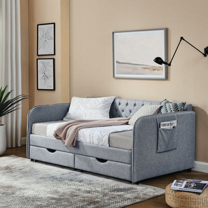 Daybed With Trundle And Storage Drawers, Flat Arms With Pocket