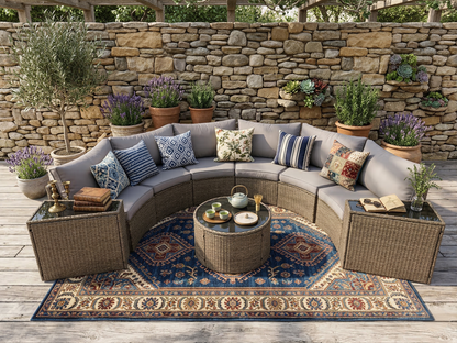 Outdoor Sectional Set PE Rattan Steel Light Gray Half Moon 9 Piece 380 LB