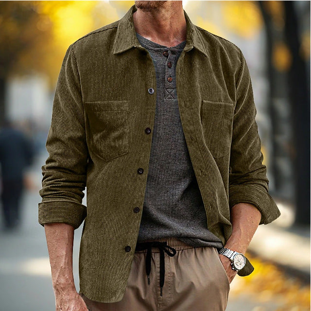 Mens Corduroy Long-Sleeve Casual Pocket Lapel Shirt Jacket
