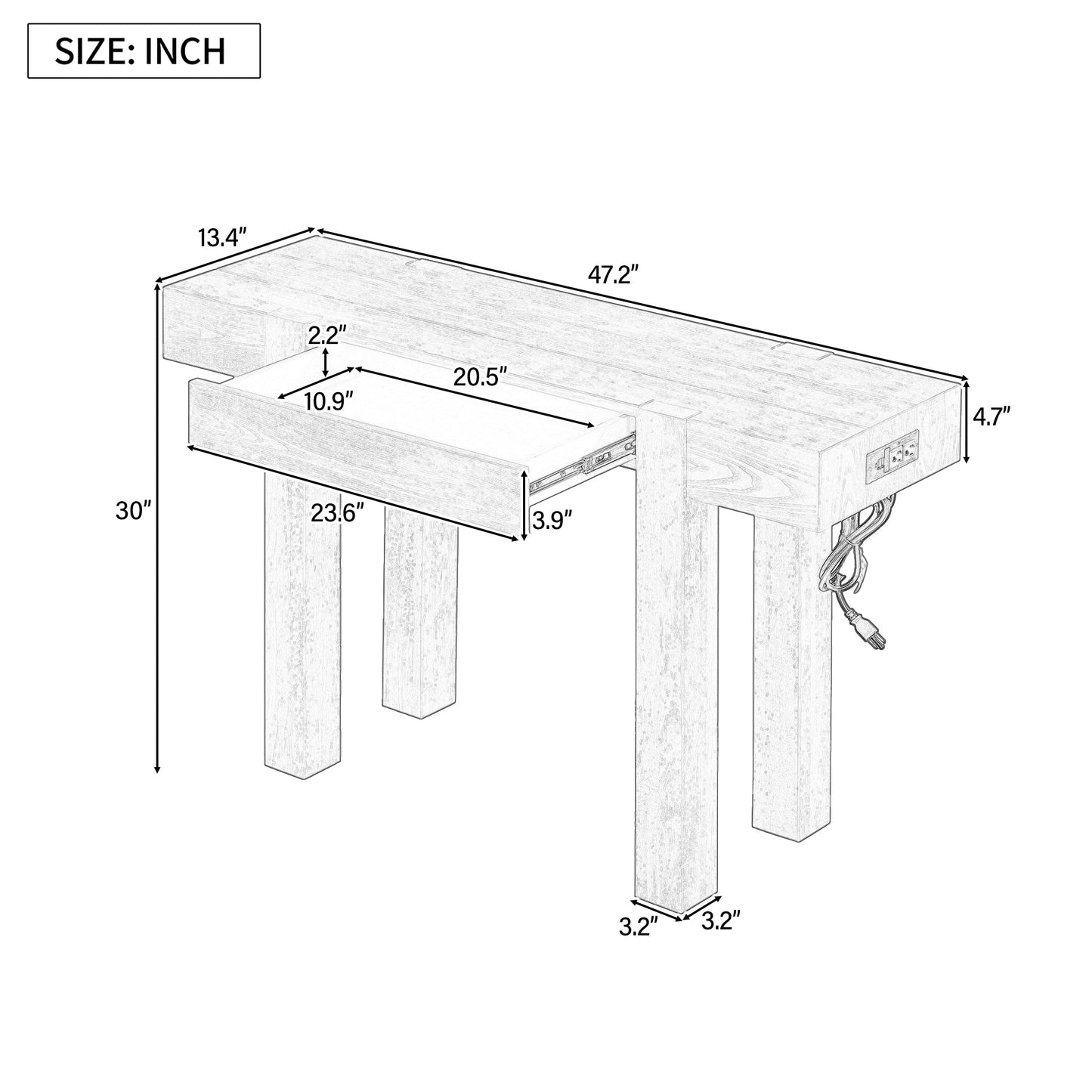 Rustic Console Table, Hidden Drawer, Side Power Outlet, Entryway Table, Natural