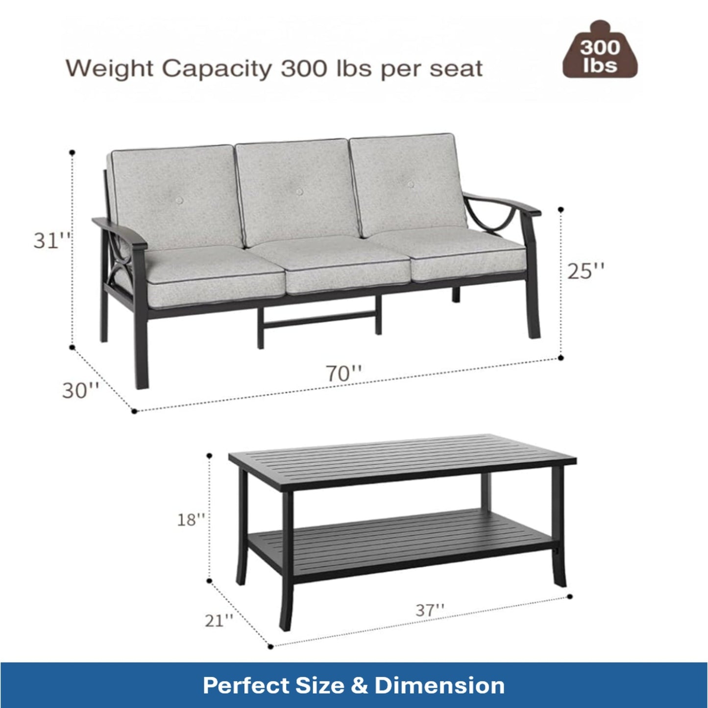Outdoor Patio Set Metal Black Gray Cushion 4 Piece Seats 5